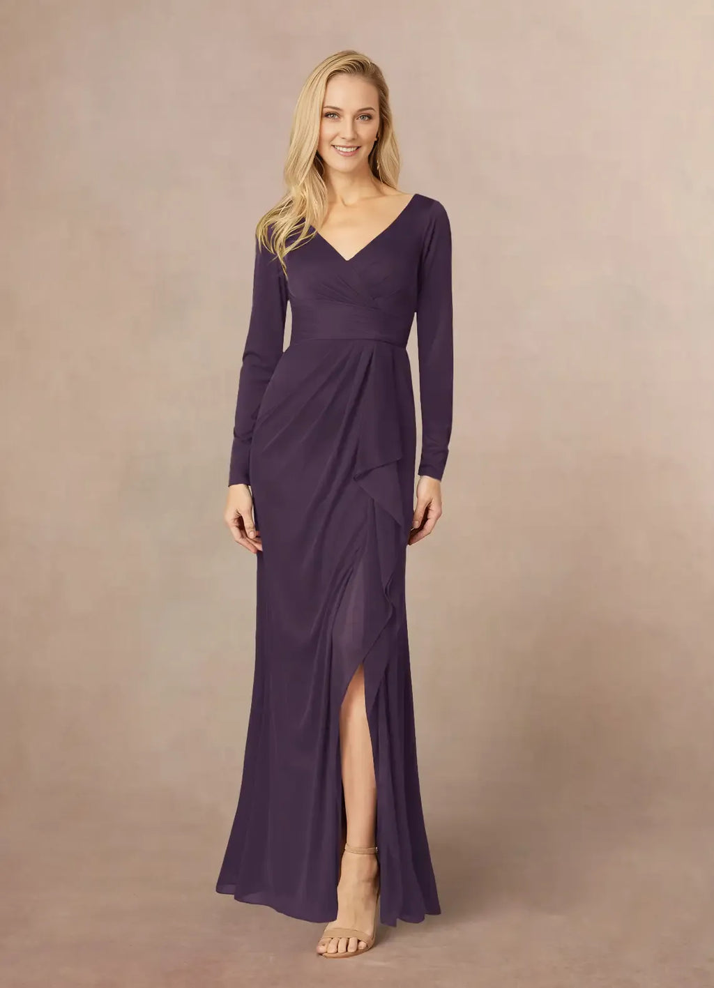 Plum Mermaid V-Neck Pleated Mother of the Bride Dresses of the Bride with line Long Sheer Sleeves Draped Ruffles and Side Slit for Timeless Wedding Celebrations