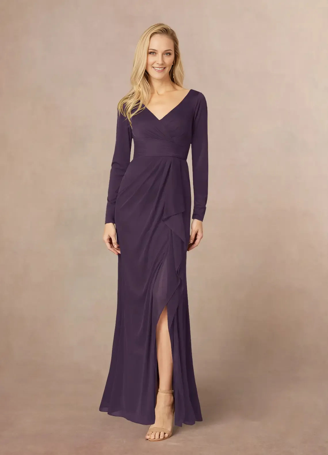 Plum Mermaid V-Neck Pleated Mother of the Bride Dresses of the Bride with line Long Sheer Sleeves Draped Ruffles and Side Slit for Timeless Wedding Celebrations