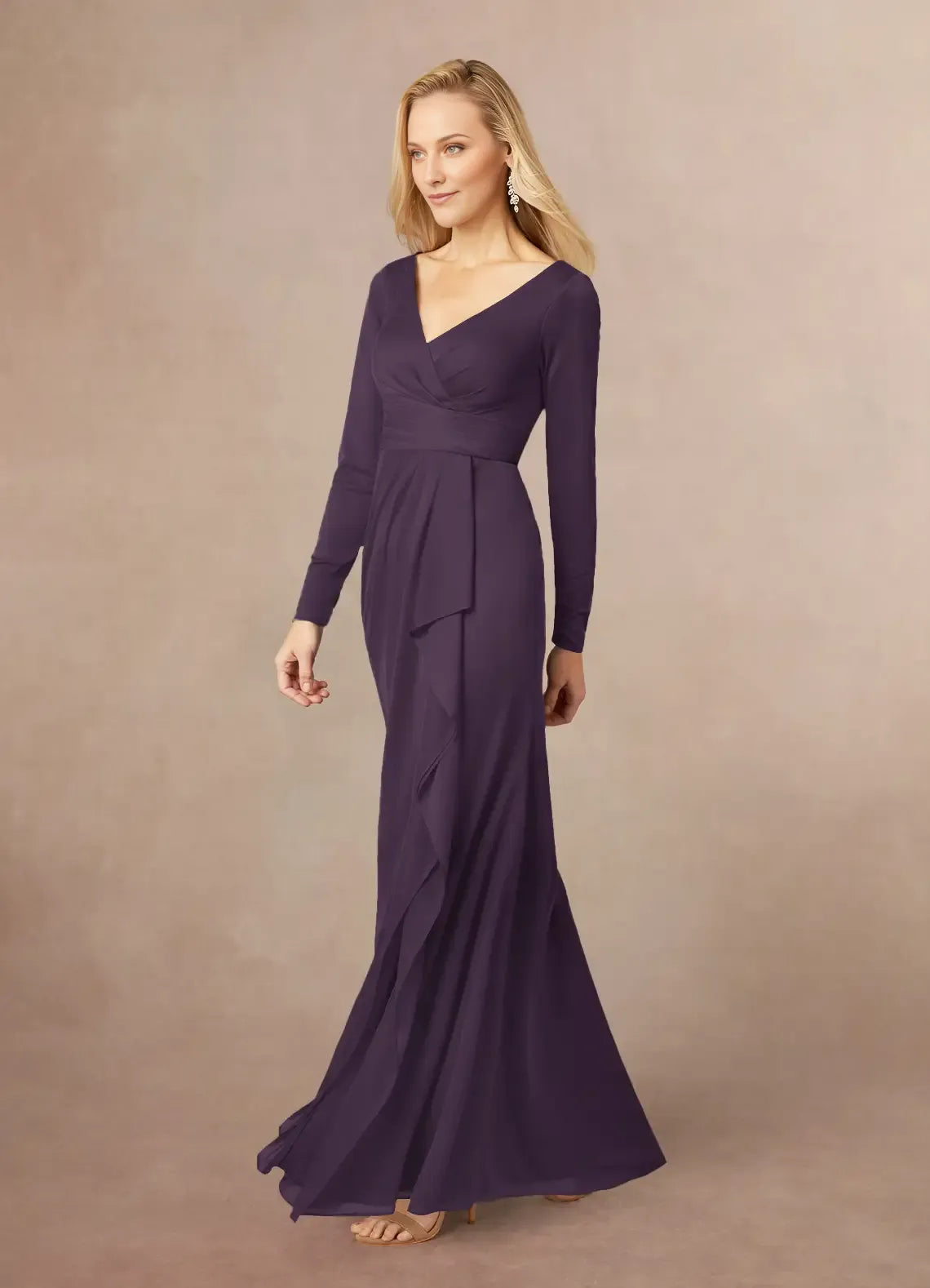 Plum Mermaid V-Neck Pleated Mother of the Bride Dresses of the Bride with line Long Sheer Sleeves Draped Ruffles and Side Slit for Timeless Wedding Celebrations