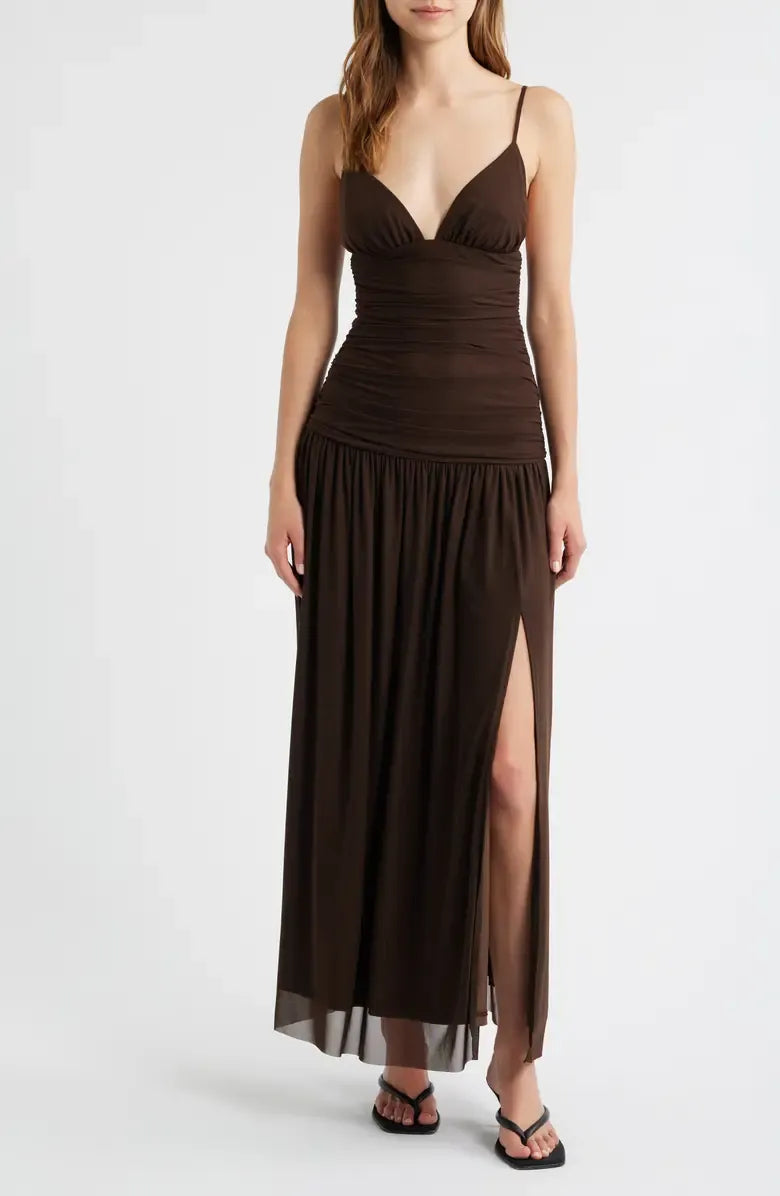 Sophisticated Graceful Stylish Refined Elegant Chocolate Brown Mesh A-Line Sleeveless Prom Dress