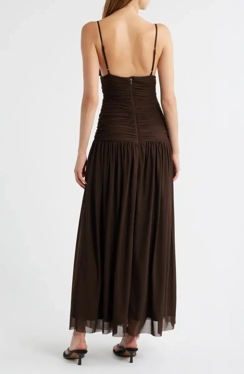 Sophisticated Graceful Stylish Refined Elegant Chocolate Brown Mesh A-Line Sleeveless Prom Dress