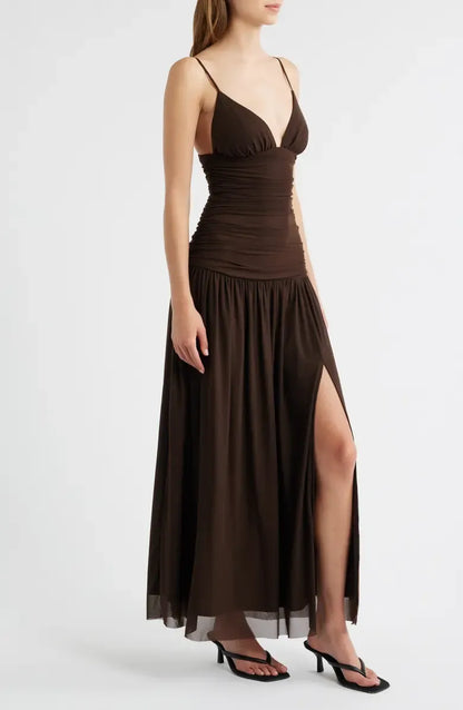Sophisticated Graceful Stylish Refined Elegant Chocolate Brown Mesh A-Line Sleeveless Prom Dress