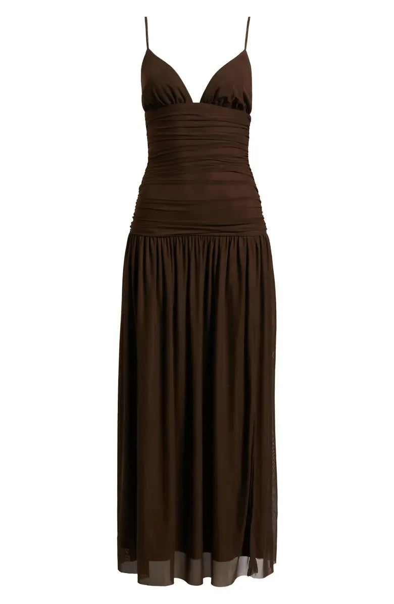 Sophisticated Graceful Stylish Refined Elegant Chocolate Brown Mesh A-Line Sleeveless Prom Dress