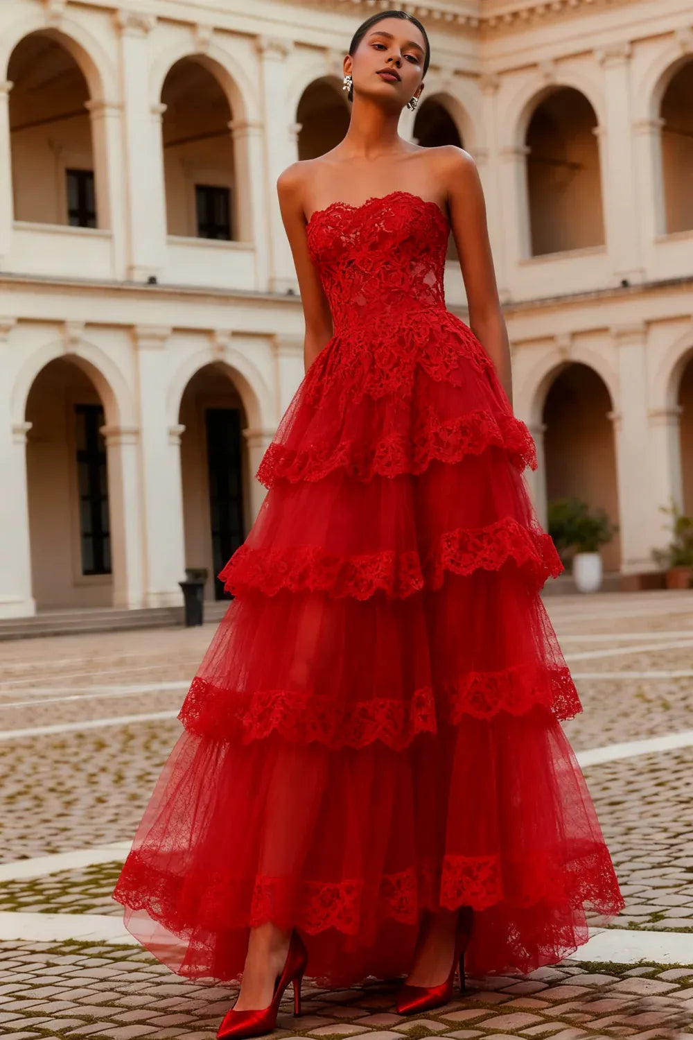 Refined Beautiful Timeless Elegant Red Lace A-Line Strapless Sleeveless Floor-Length Prom Dress