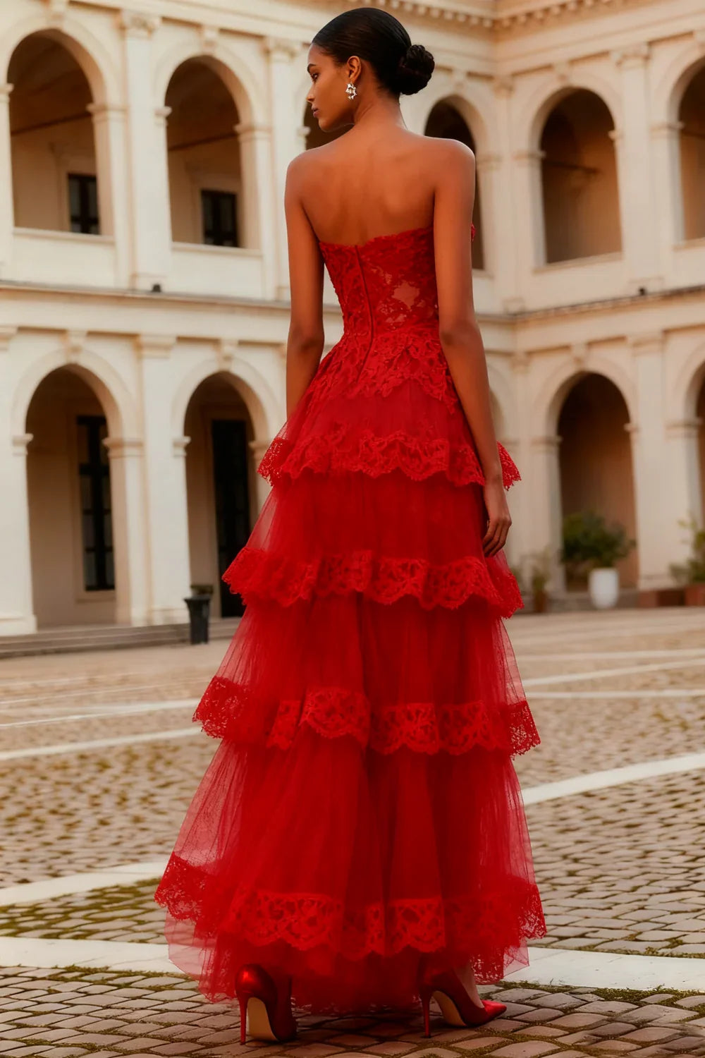 Refined Beautiful Timeless Elegant Red Lace A-Line Strapless Sleeveless Floor-Length Prom Dress