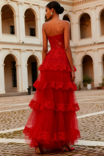 Refined Beautiful Timeless Elegant Red Lace A-Line Strapless Sleeveless Floor-Length Prom Dress