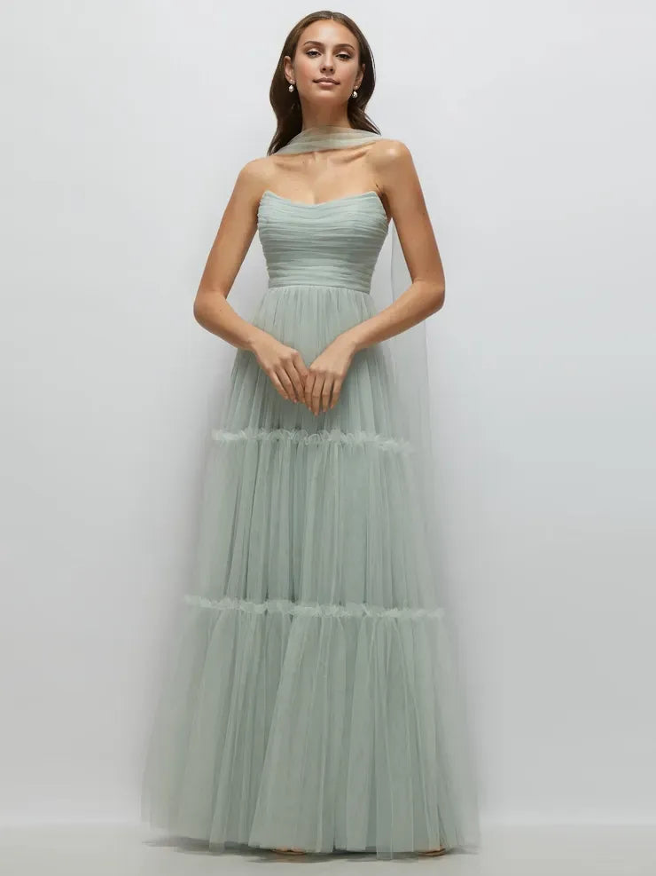 Special Occasion Elegant Sage Green Tulle A-Line Strapless Sleeveless Floor-Length Prom Dress