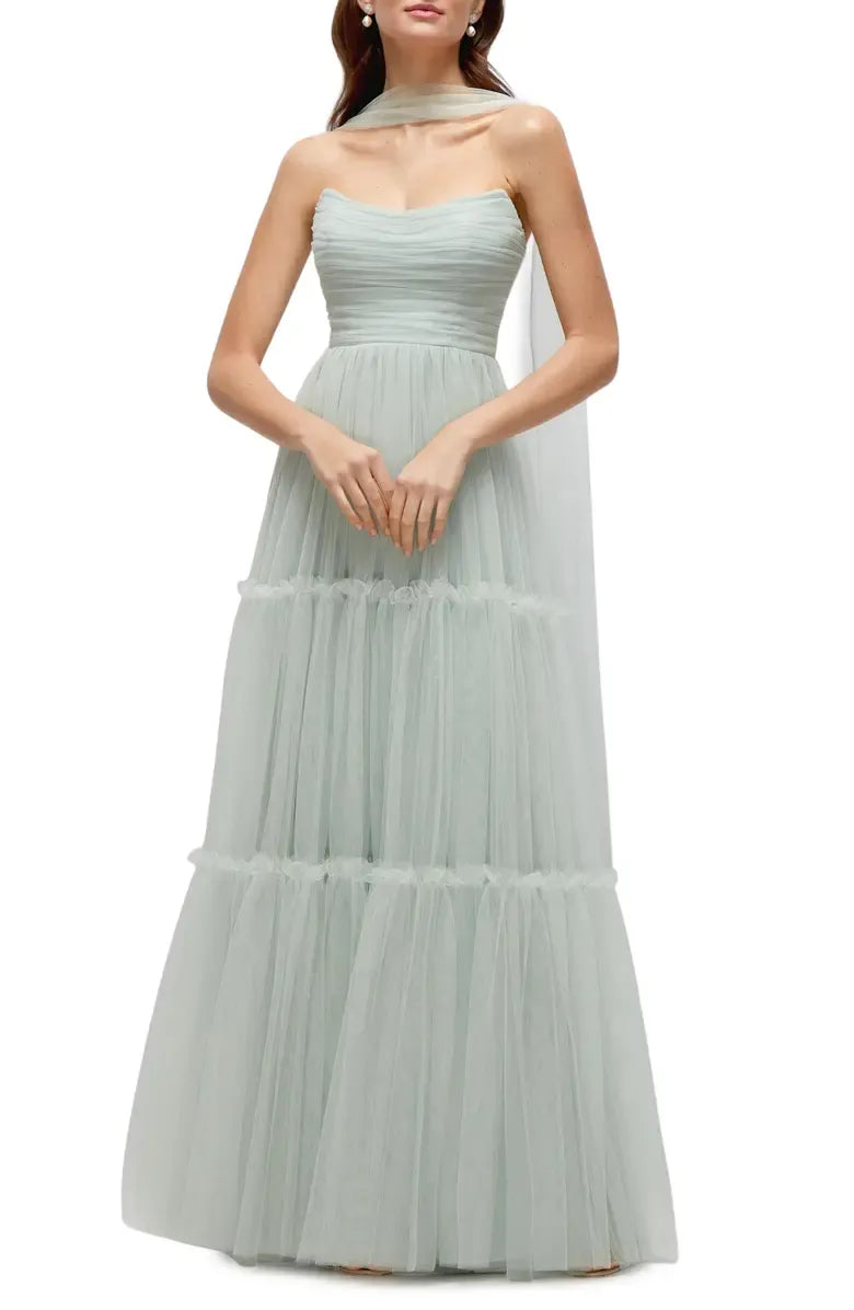 Special Occasion Elegant Sage Green Tulle A-Line Strapless Sleeveless Floor-Length Prom Dress