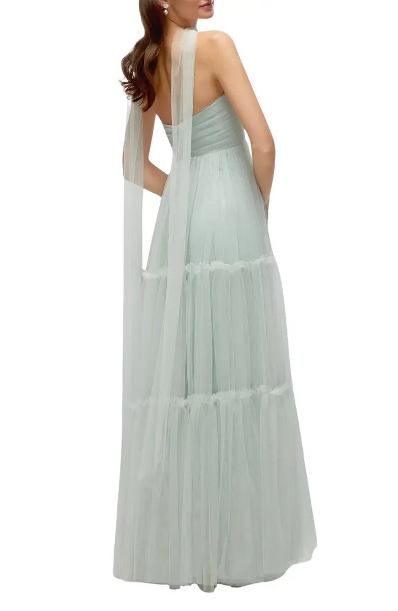 Special Occasion Elegant Sage Green Tulle A-Line Strapless Sleeveless Floor-Length Prom Dress