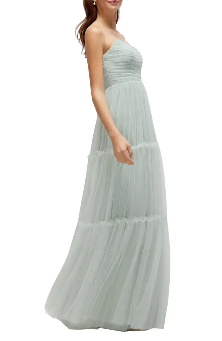 Special Occasion Elegant Sage Green Tulle A-Line Strapless Sleeveless Floor-Length Prom Dress