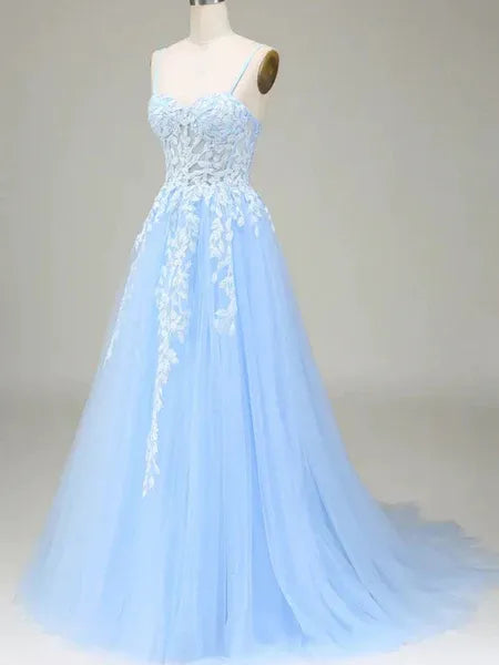 Sky Blue Sweetheart Neck Applique Sky Long Prom Dress