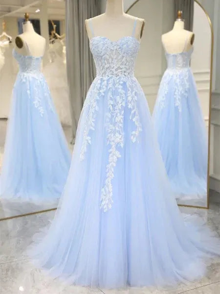 Sky Blue Sweetheart Neck Applique Sky Long Prom Dress