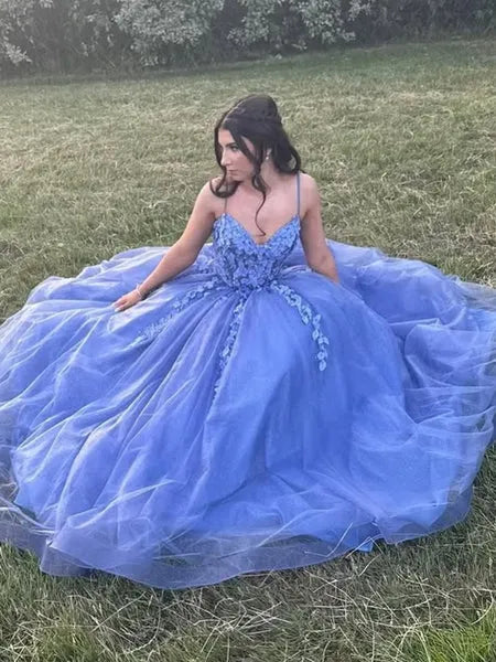 Blue V Neck Floral Applique Glitter Long Prom Dress