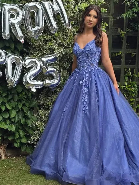 Blue V Neck Floral Applique Glitter Long Prom Dress