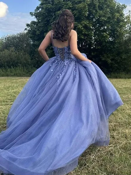Blue V Neck Floral Applique Glitter Long Prom Dress