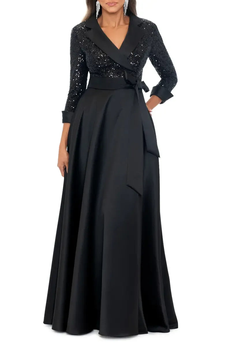 Timeless Special Occasion Elegant Black Satin A-Line Long Sleeve Floor-Length Prom Dress