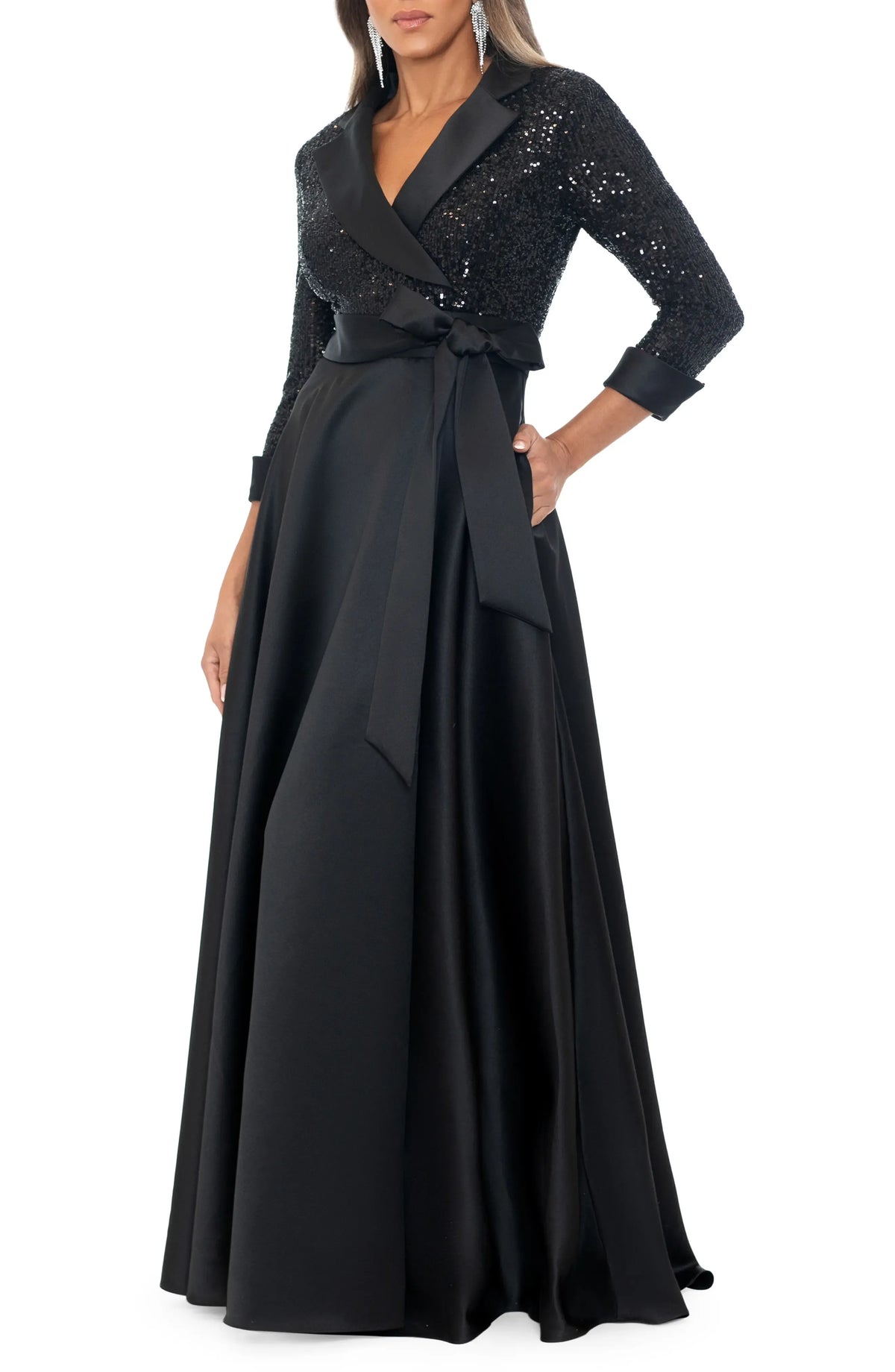 Timeless Special Occasion Elegant Black Satin A-Line Long Sleeve Floor-Length Prom Dress