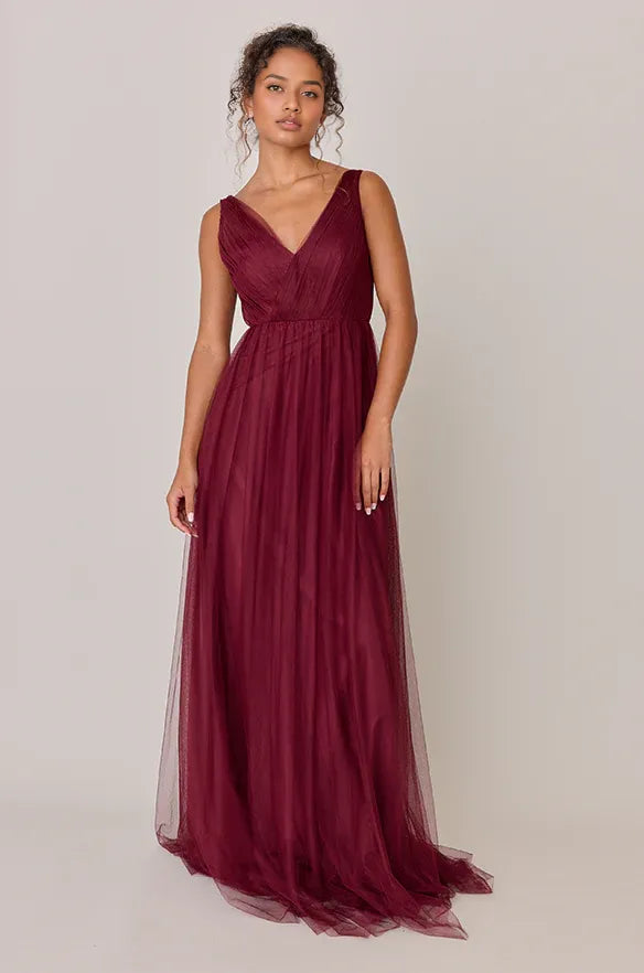 Timeless Special Occasion Sophisticated Elegant Burgundy Tulle A-Line Sleeveless Floor-Length Prom Dress