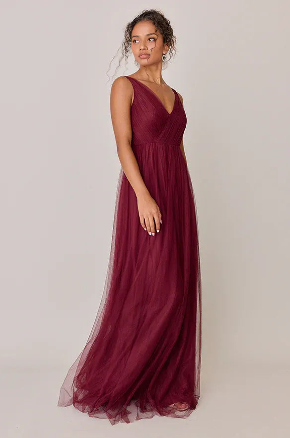 Timeless Special Occasion Sophisticated Elegant Burgundy Tulle A-Line Sleeveless Floor-Length Prom Dress