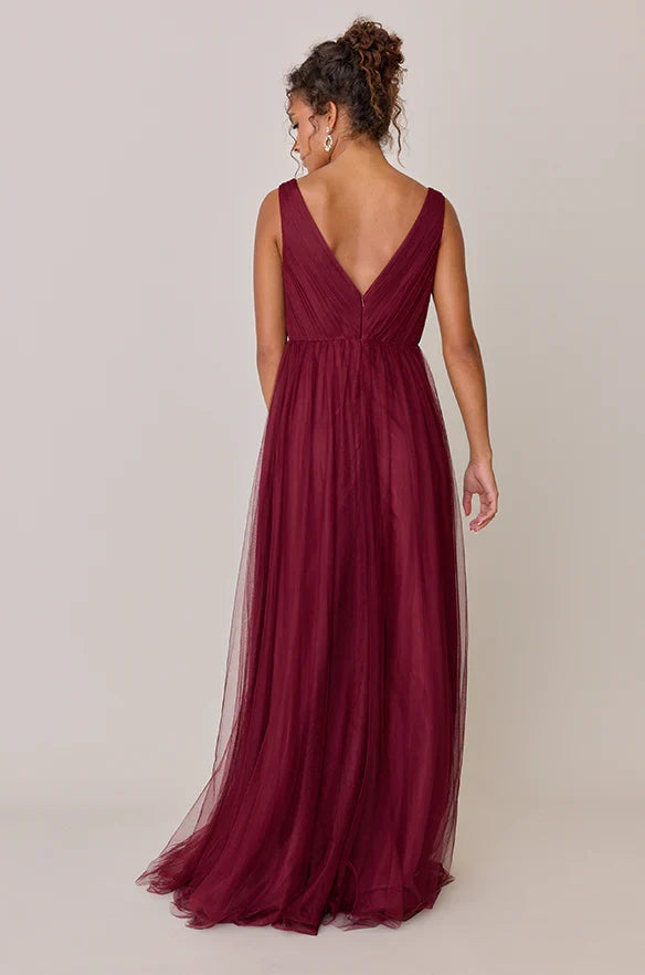 Timeless Special Occasion Sophisticated Elegant Burgundy Tulle A-Line Sleeveless Floor-Length Prom Dress