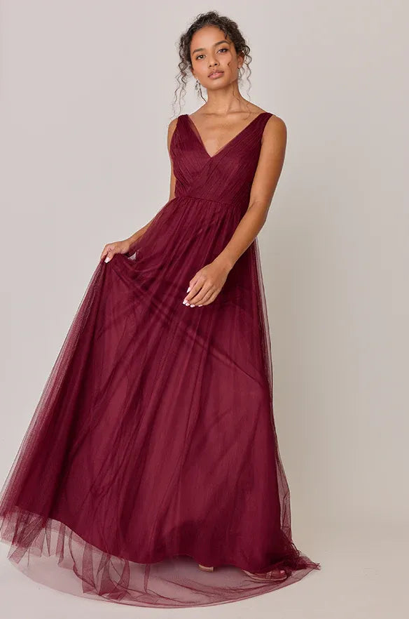 Timeless Special Occasion Sophisticated Elegant Burgundy Tulle A-Line Sleeveless Floor-Length Prom Dress
