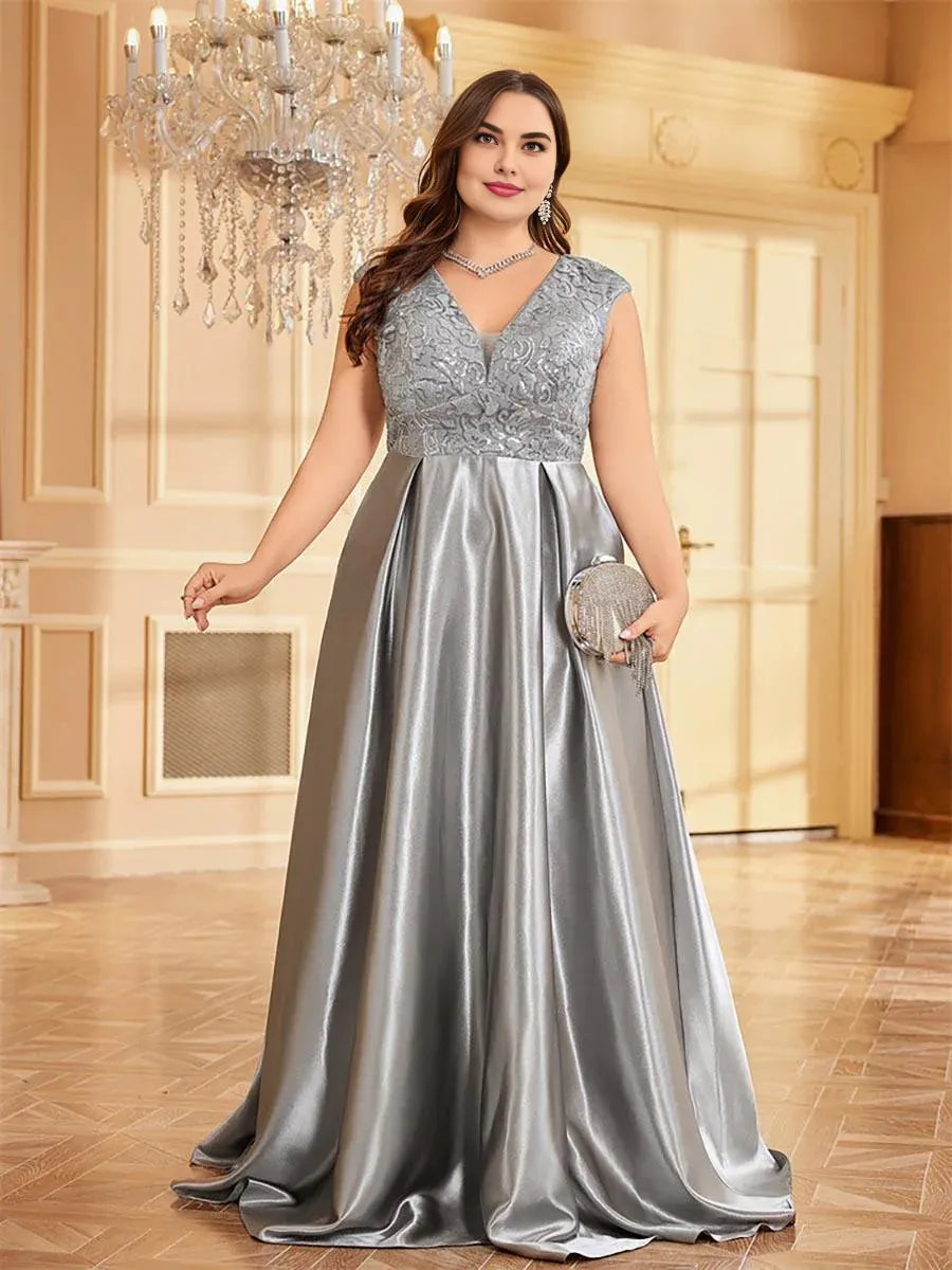 Special Occasion Sophisticated Graceful Stylish Elegant Silver Satin A-Line V-Neck Floor-Length Prom Dress