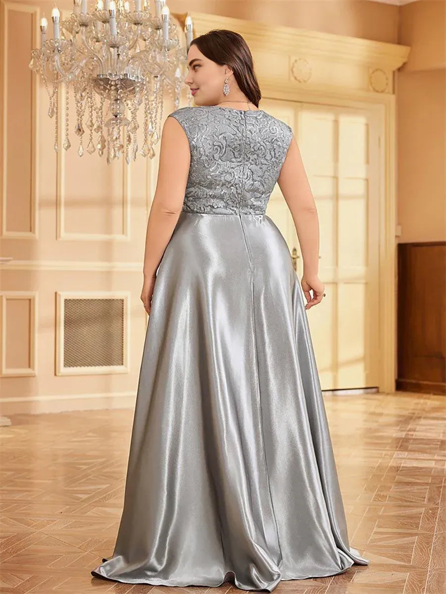 Special Occasion Sophisticated Graceful Stylish Elegant Silver Satin A-Line V-Neck Floor-Length Prom Dress