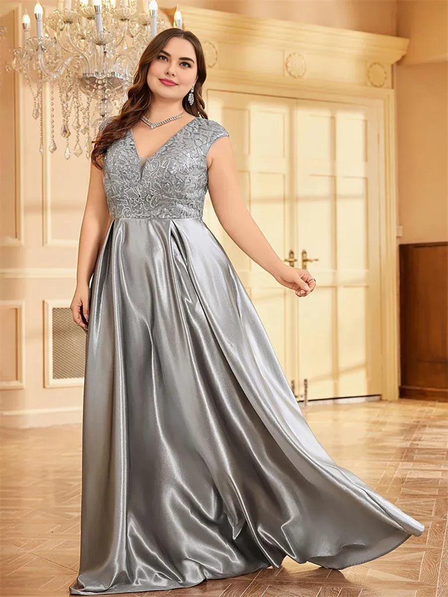 Special Occasion Sophisticated Graceful Stylish Elegant Silver Satin A-Line V-Neck Floor-Length Prom Dress