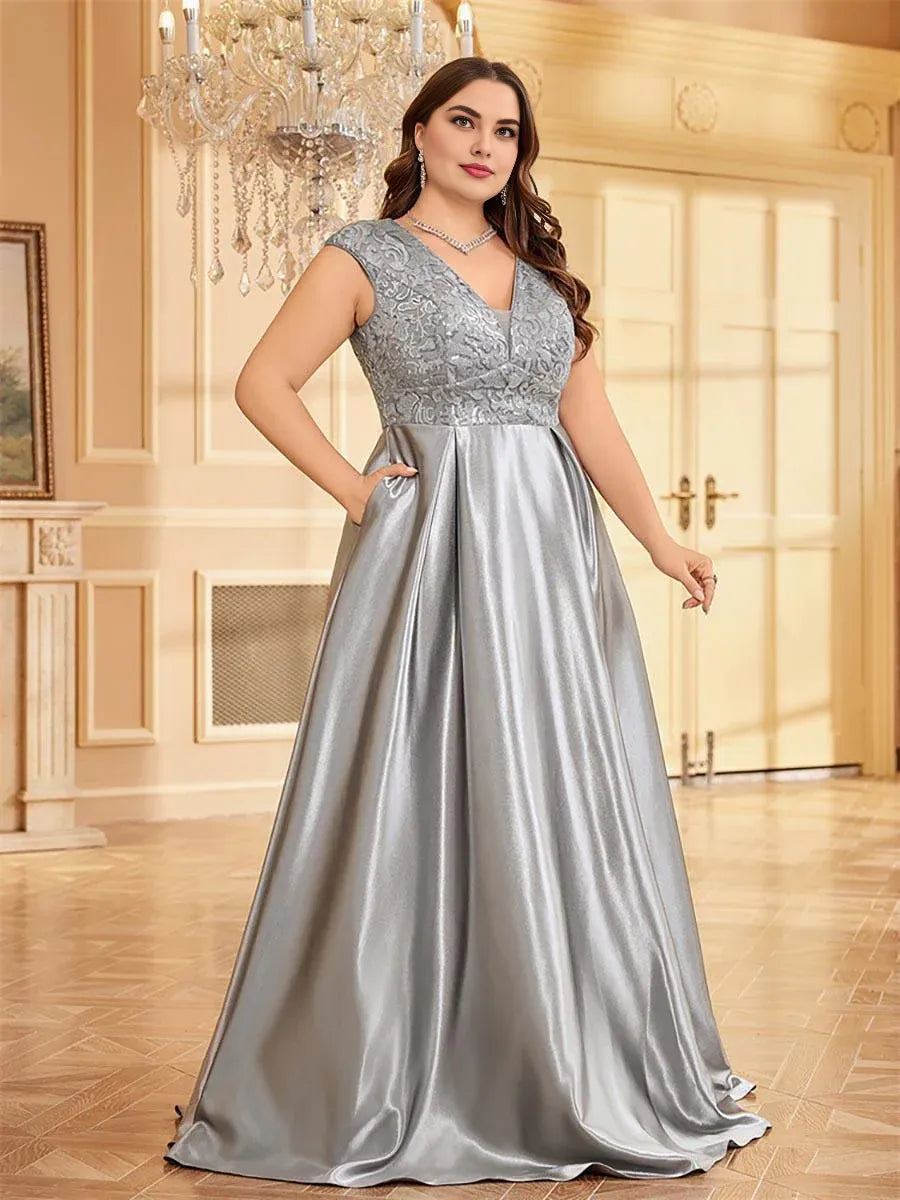 Special Occasion Sophisticated Graceful Stylish Elegant Silver Satin A-Line V-Neck Floor-Length Prom Dress