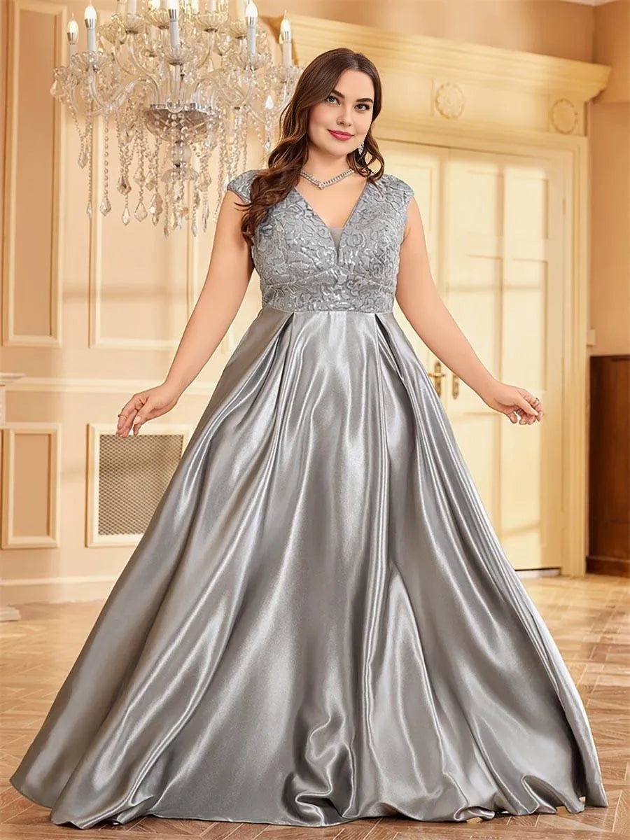 Special Occasion Sophisticated Graceful Stylish Elegant Silver Satin A-Line V-Neck Floor-Length Prom Dress