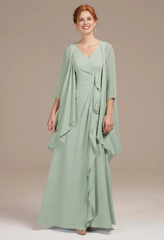 Refined Elegant Sage Green Chiffon A-Line Pleated Mother of the Bride Dress