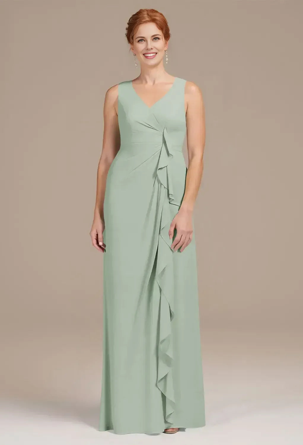 Refined Elegant Sage Green Chiffon A-Line Pleated Mother of the Bride Dress