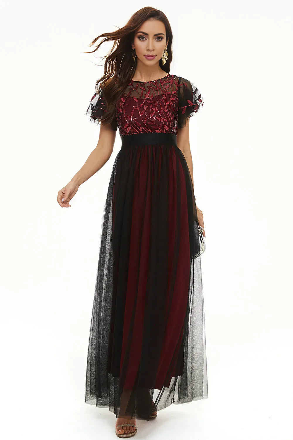 Elegant Dusty Rose Satin Short Sleeve Floor-Length Mother of the Bride Dress