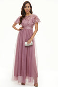 Elegant Dusty Rose Satin Short Sleeve Floor-Length Mother of the Bride Dress