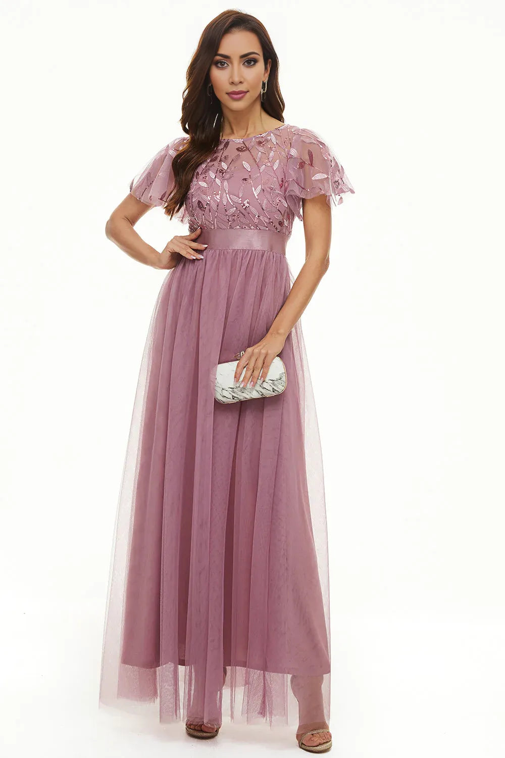 Elegant Dusty Rose Satin Short Sleeve Floor-Length Mother of the Bride Dress