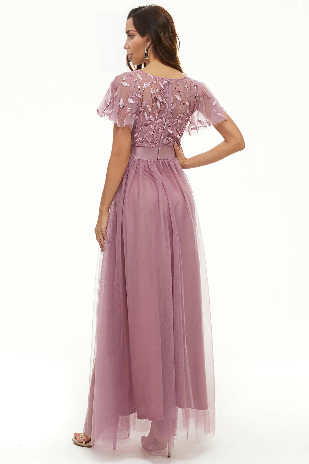 Elegant Dusty Rose Satin Short Sleeve Floor-Length Mother of the Bride Dress