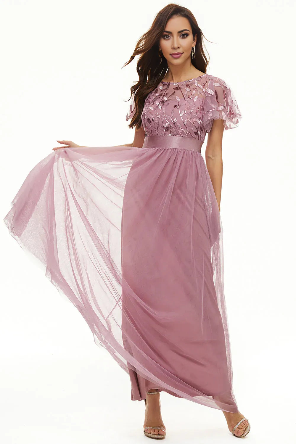Elegant Dusty Rose Satin Short Sleeve Floor-Length Mother of the Bride Dress