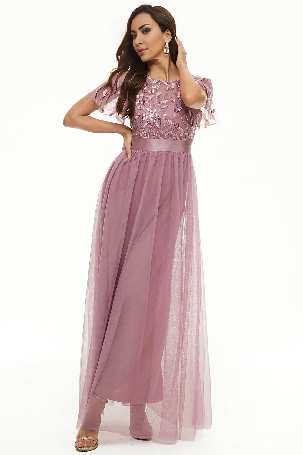 Elegant Dusty Rose Satin Short Sleeve Floor-Length Mother of the Bride Dress