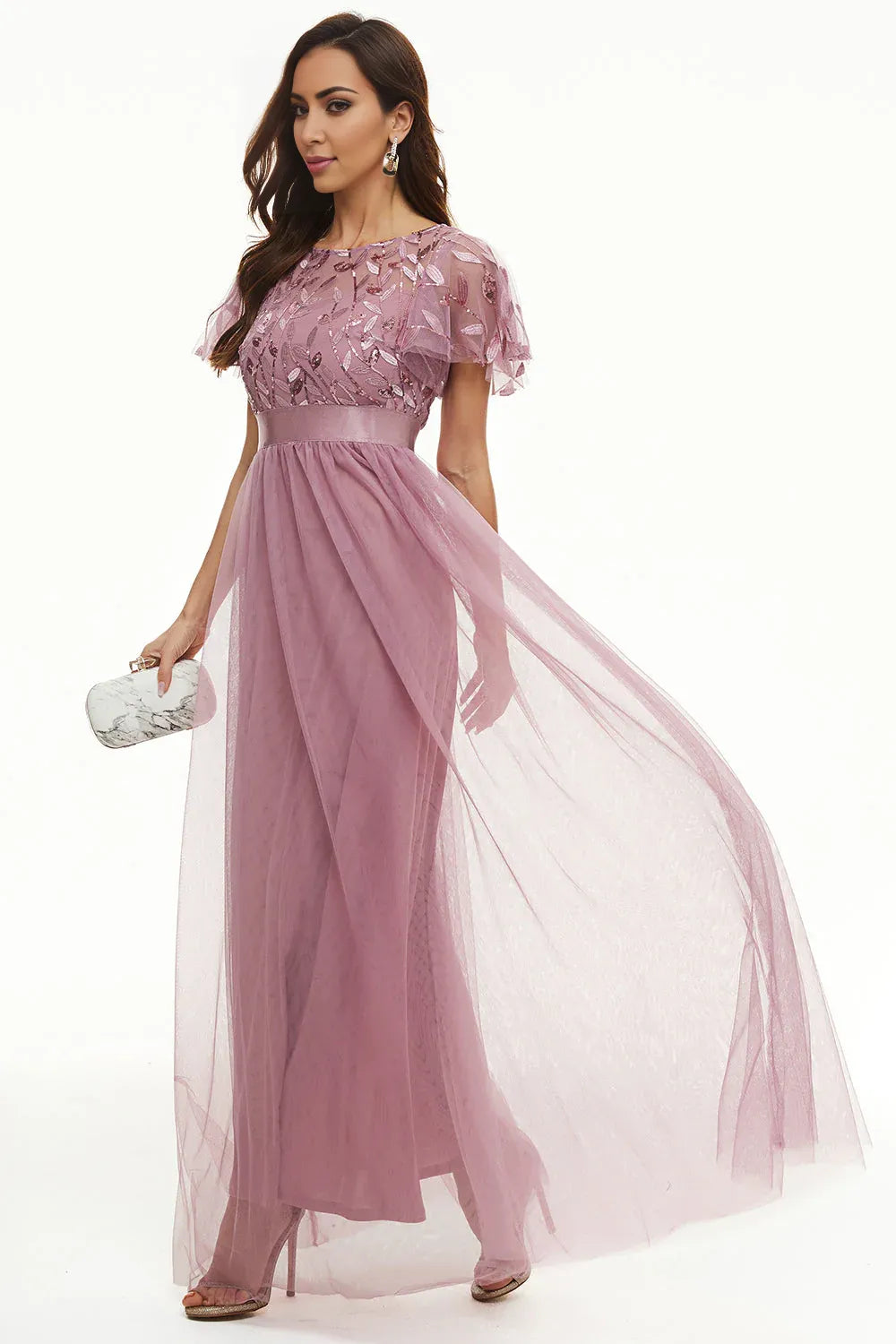 Elegant Dusty Rose Satin Short Sleeve Floor-Length Mother of the Bride Dress