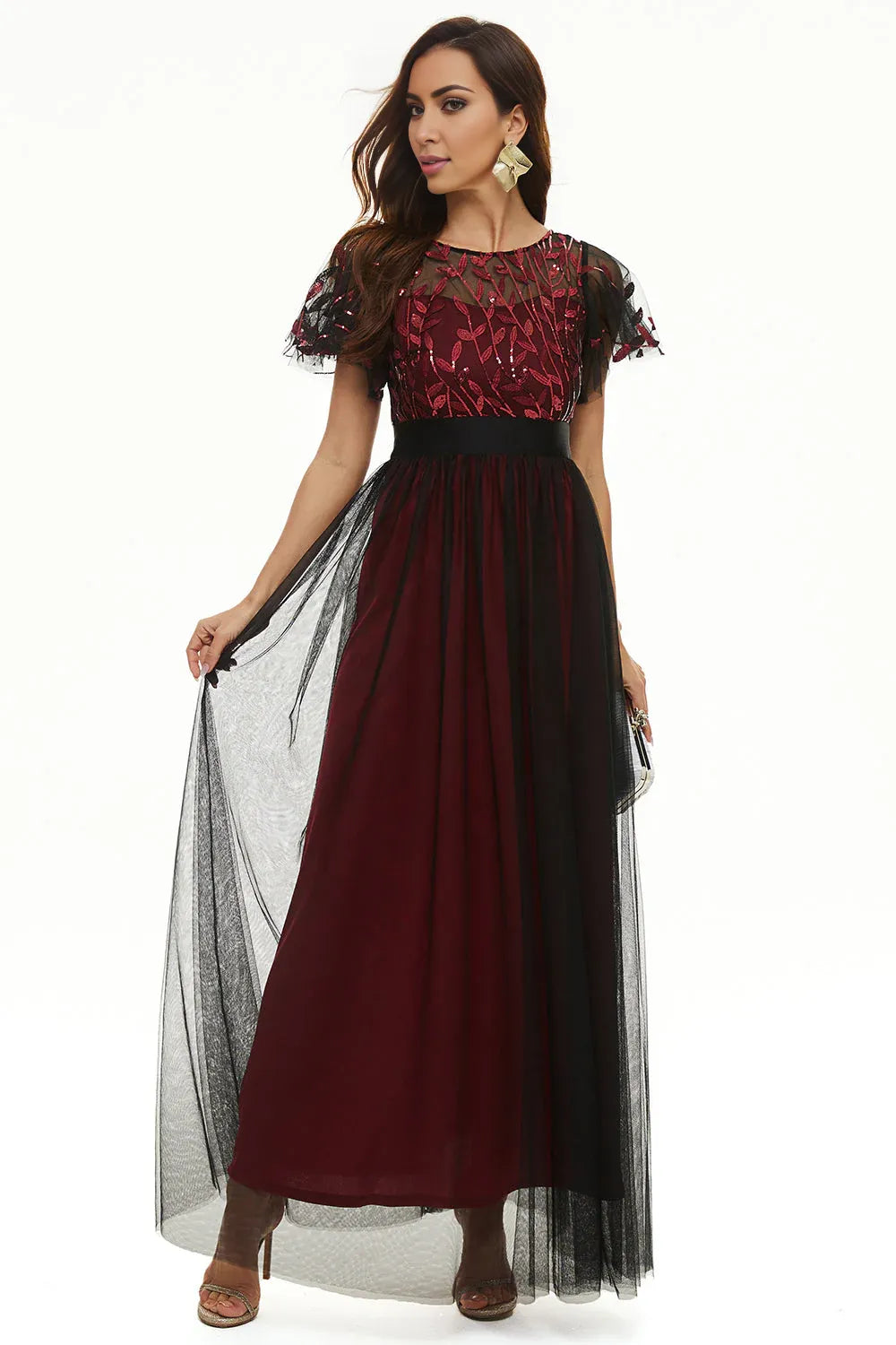 Elegant Dusty Rose Satin Short Sleeve Floor-Length Mother of the Bride Dress