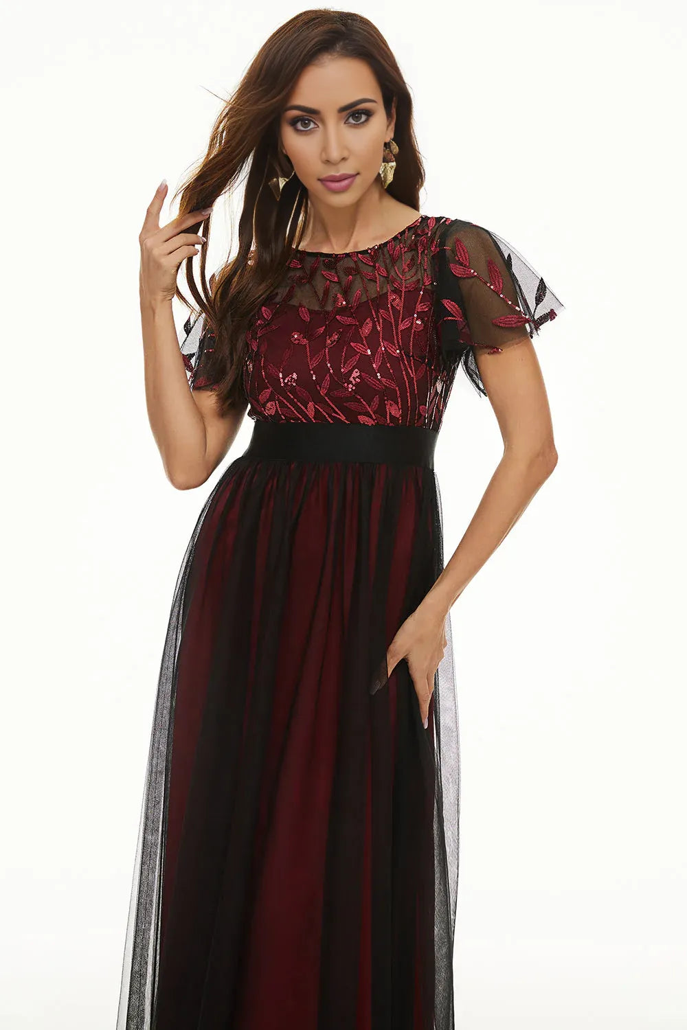 Elegant Dusty Rose Satin Short Sleeve Floor-Length Mother of the Bride Dress