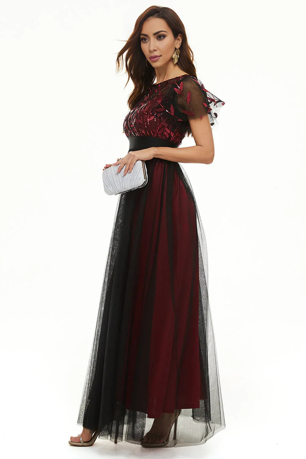 Elegant Dusty Rose Satin Short Sleeve Floor-Length Mother of the Bride Dress