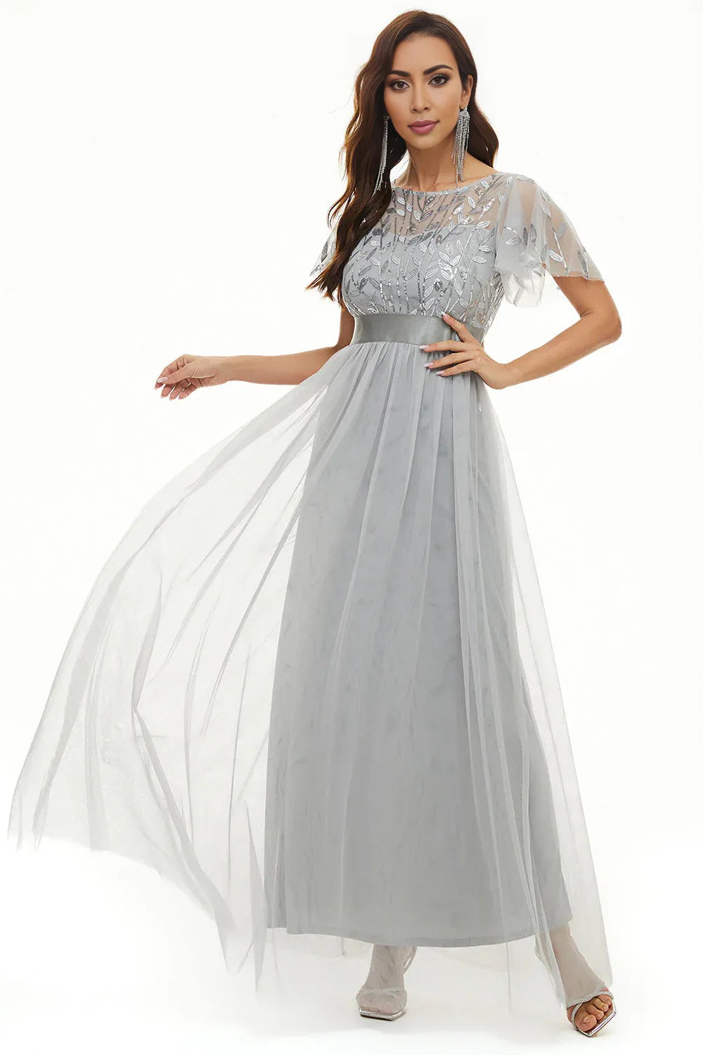 Elegant Dusty Rose Satin Short Sleeve Floor-Length Mother of the Bride Dress