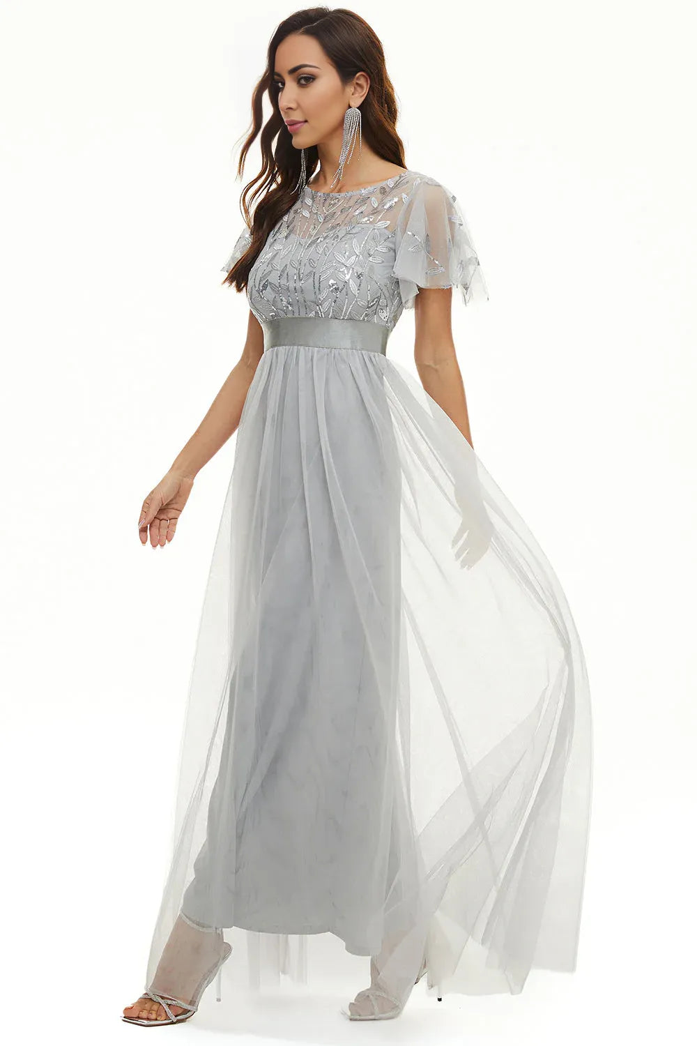 Elegant Dusty Rose Satin Short Sleeve Floor-Length Mother of the Bride Dress