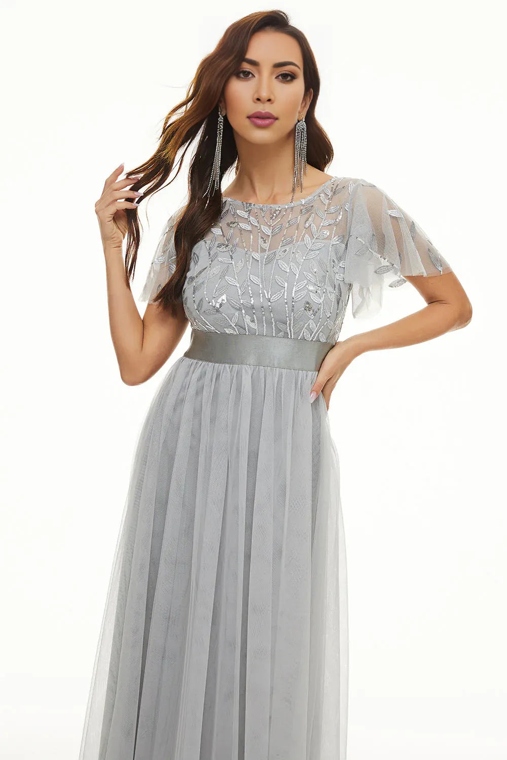 Elegant Dusty Rose Satin Short Sleeve Floor-Length Mother of the Bride Dress