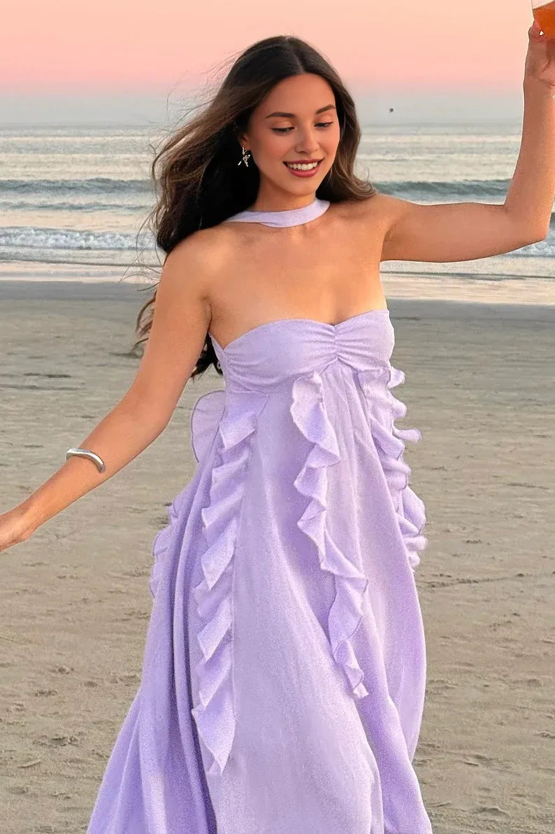 Graceful Stylish Refined Beautiful Elegant Lilac Lace Strapless Sleeveless Floor-Length Prom Dress