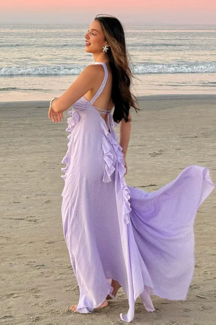 Graceful Stylish Refined Beautiful Elegant Lilac Lace Strapless Sleeveless Floor-Length Prom Dress