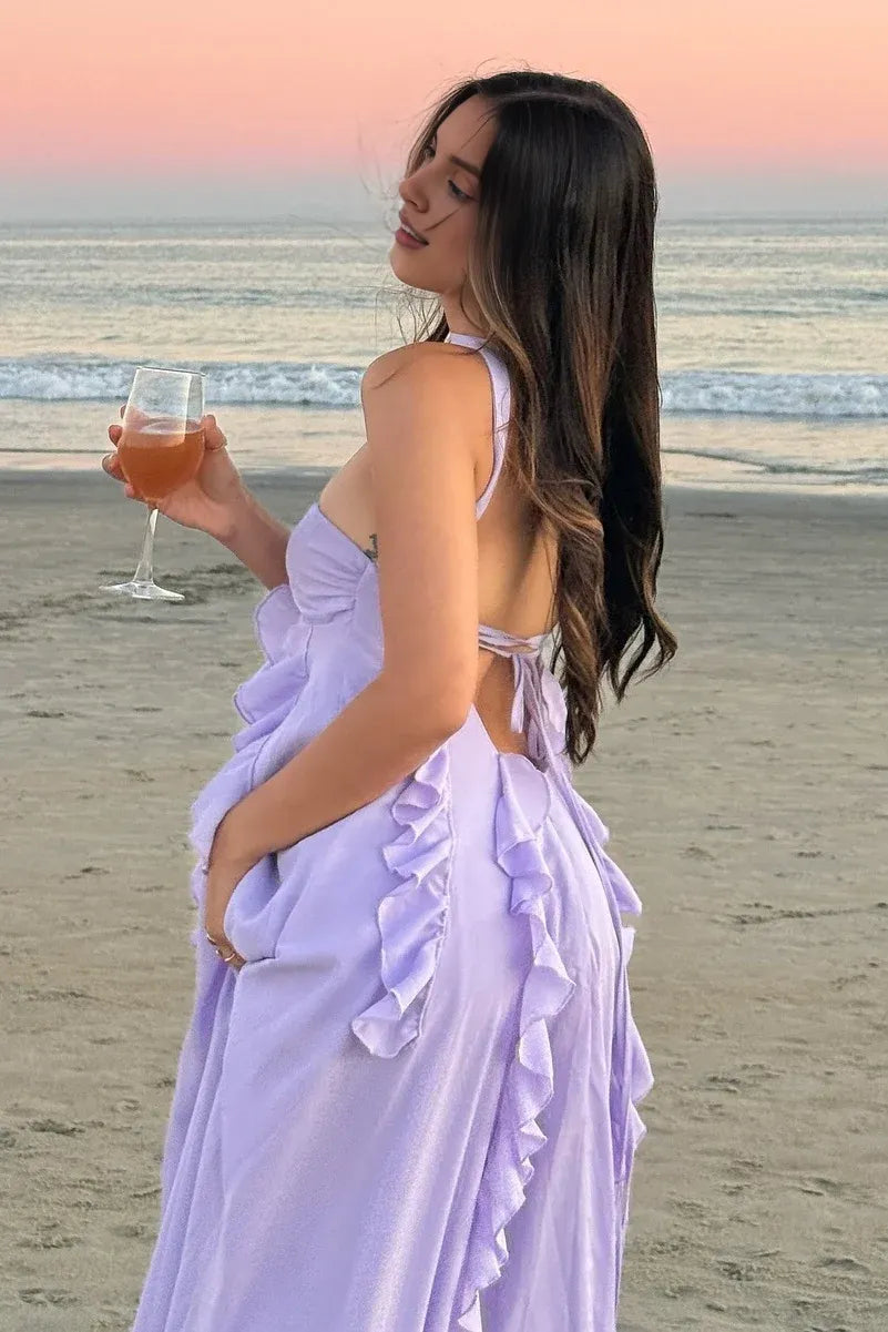 Graceful Stylish Refined Beautiful Elegant Lilac Lace Strapless Sleeveless Floor-Length Prom Dress