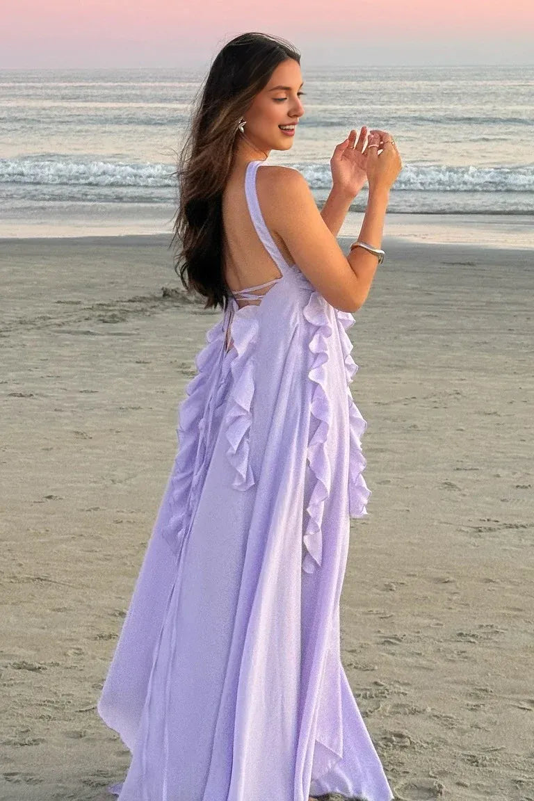 Graceful Stylish Refined Beautiful Elegant Lilac Lace Strapless Sleeveless Floor-Length Prom Dress