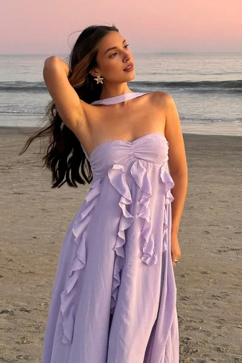 Graceful Stylish Refined Beautiful Elegant Lilac Lace Strapless Sleeveless Floor-Length Prom Dress